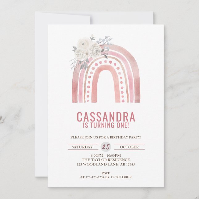 Convites Boho Pink Rainbow Birday, primeiro aniversario Ros (Frente)