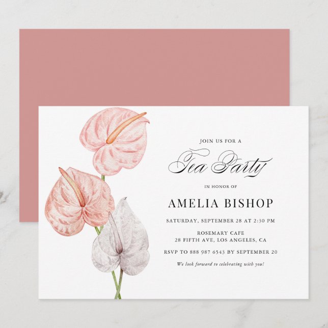 Convites Boho Pink Watercolor Anthuriums Tea Party (Frente/Verso)