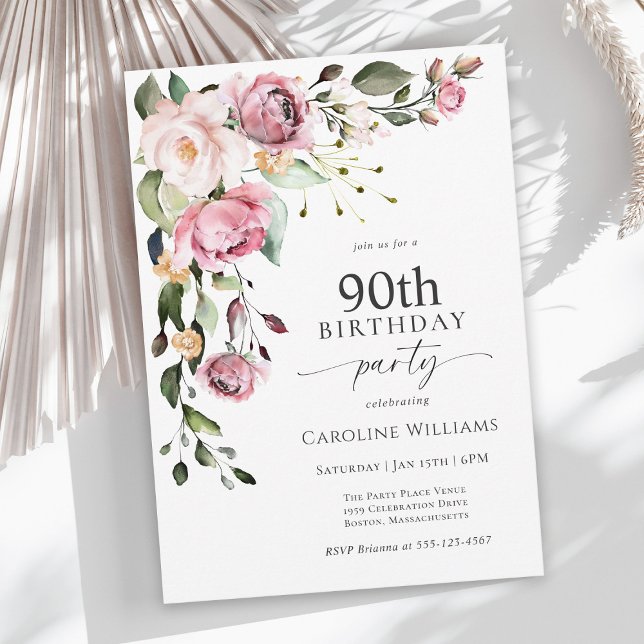 Convites Boho Pink Watercolor Floral 90th Birthday Party (Criador carregado)