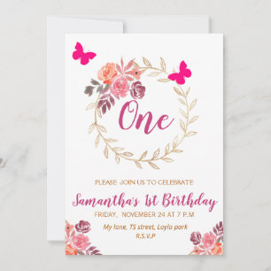 Convites Boho Pink Watercolor Floral Primeiro Aniversário