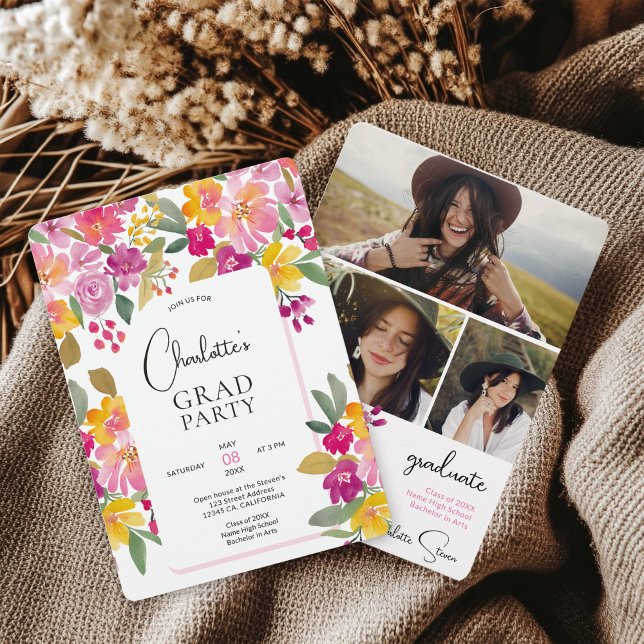 Convites Boho Pintado À Mão Graduação Floral 3-Foto De Boho (Boho Hand-Painted Boho Floral 3-Photo Graduation Invitation)