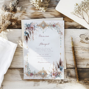 Convites Boho Plumas Floral Dourado Jóias Moldura Casamento