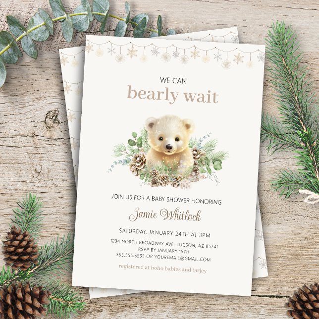 Convites Boho, podemos esperar Chá de fraldas de inverno (Elegant cream and beige gender neutral we can bearly wait christmas winter baby shower invitation)