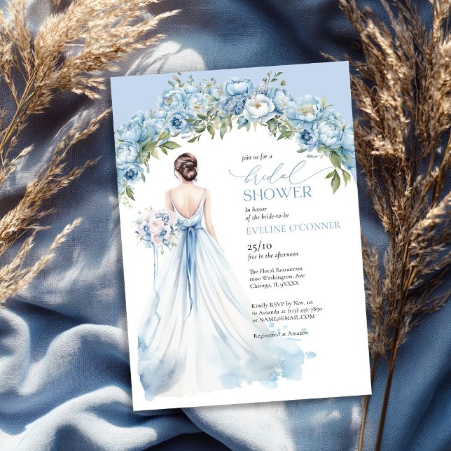 Convites Boho poeirento peonias azuis vestido de noiva (Boho dusty blue peonies wedding gown greenery invitation)