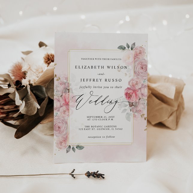 Convites Boho Primavera Blush Dourado Casamento Floral (Elegant Boho Spring Blush Gold Floral Wedding Invitation)