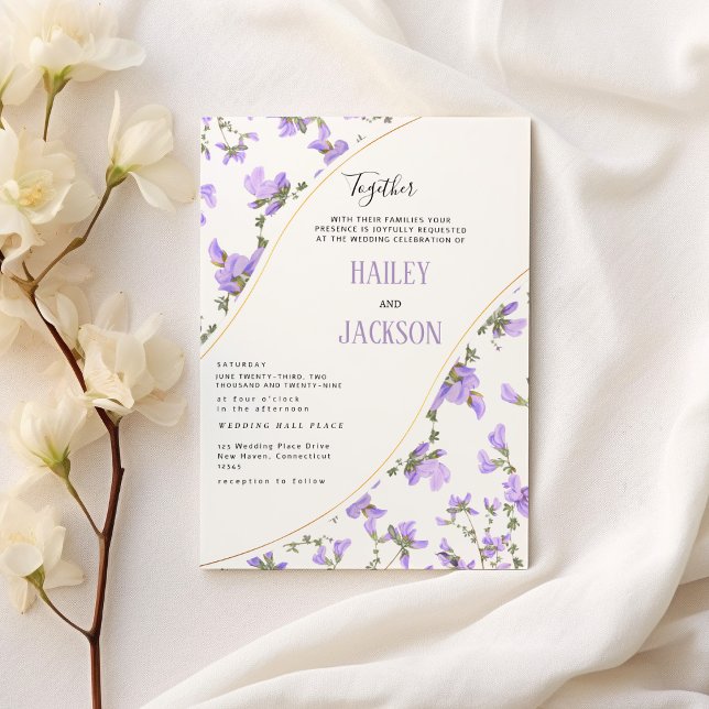 Convites Boho primavera lilac gold wildflower casamento flo (Boho spring lilac gold wildflower floral wedding )