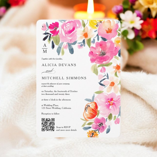 Convites Boho Primavera Watercolor Casamento Floral QR (Boho Spring Watercolor Floral Wedding QR wedding Invitation)