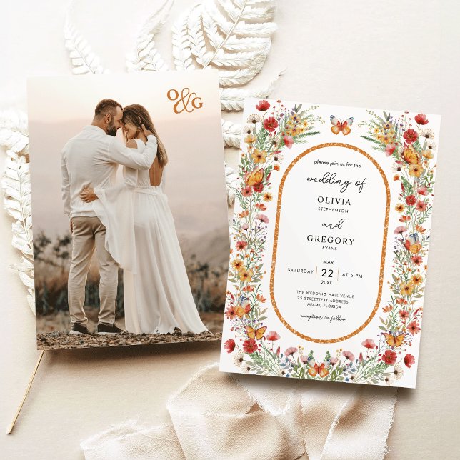 Convites Boho Primavera Watercolor Wildflower Casamento Fot (Boho Spring Watercolor Wildflowers Butterflies Monogram photo Wedding Invitation)