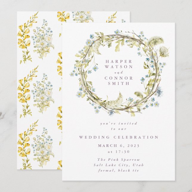 Convites Boho Primavera Wreath Wildflower Pampas Casamento (Frente/Verso)