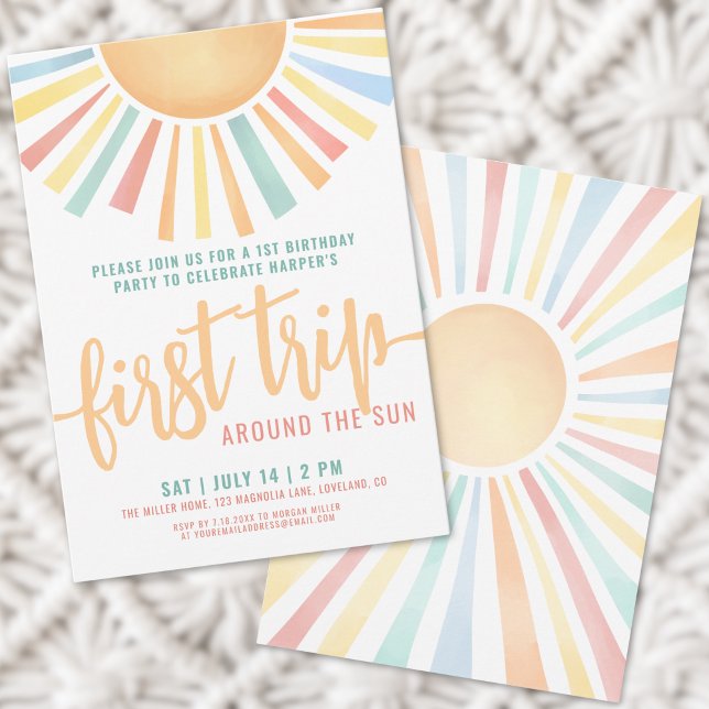 Convites Boho Primeira Viagem ao redor do Sol 1º Aniversári (First Trip Around The Sun 1st Birthday Invitation)