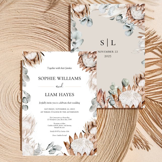 Convites Boho Protea Neutral Pampas Wedding (Criador carregado)