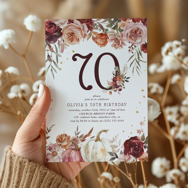 Convites Boho Pumpkin Outono Floral 70º Aniversário (Criador carregado)