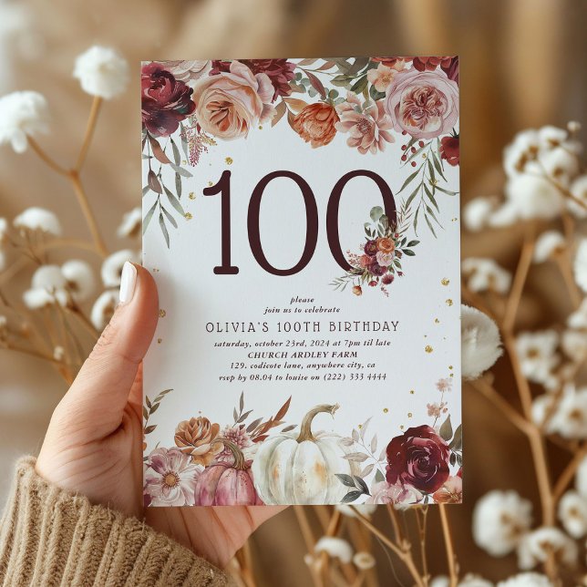 Convites Boho Pumpkin Outono Florido 100º Aniversário (Criador carregado)