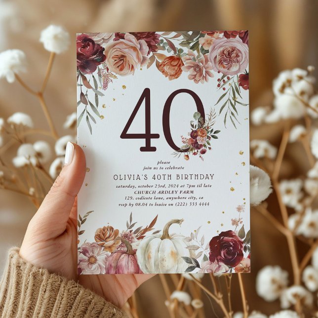 Convites Boho Pumpkin Outono Florido 40º Aniversário (Criador carregado)