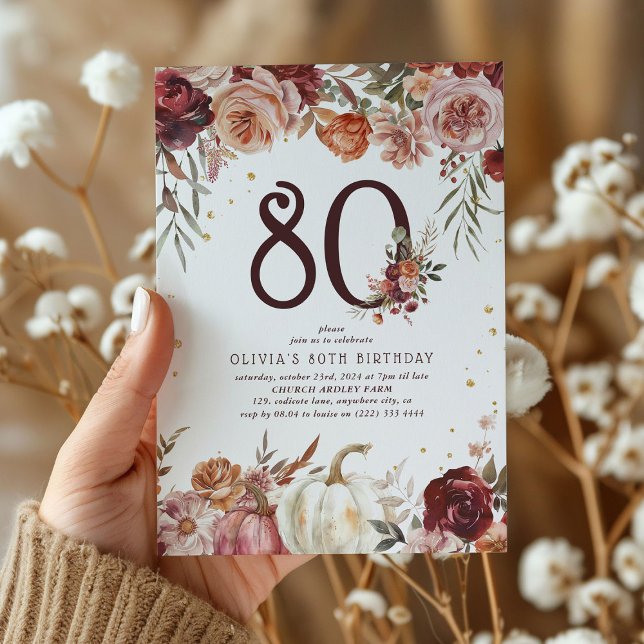 Convites Boho Pumpkin Outono Florido 80º Aniversário (Criador carregado)
