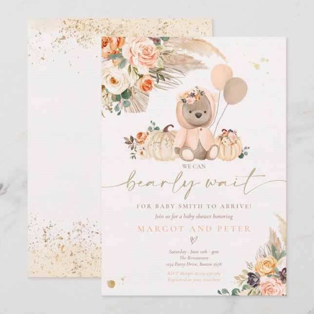 Convites Boho Pumpkin Teddy Bear Peach Girl Chá de fraldas (Frente/Verso)