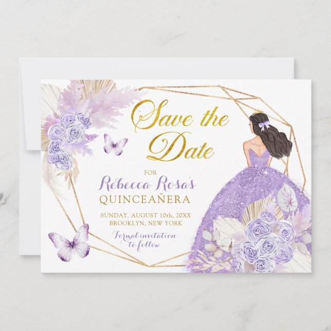 Convites Boho Purple Butterfly Quinceañera Salvar Data (Frente)