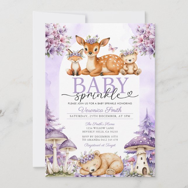 Convites Boho Purple Deer Woodland Girl Baby Sprinkle (Frente)