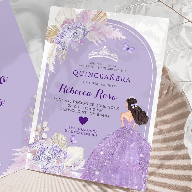 Convites Boho Purple Dress Princesa Floral Quinceañera (Criador carregado)