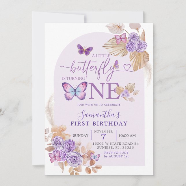 Convites Boho Purple Floral and Butterfly Arch Aniversário (Frente)