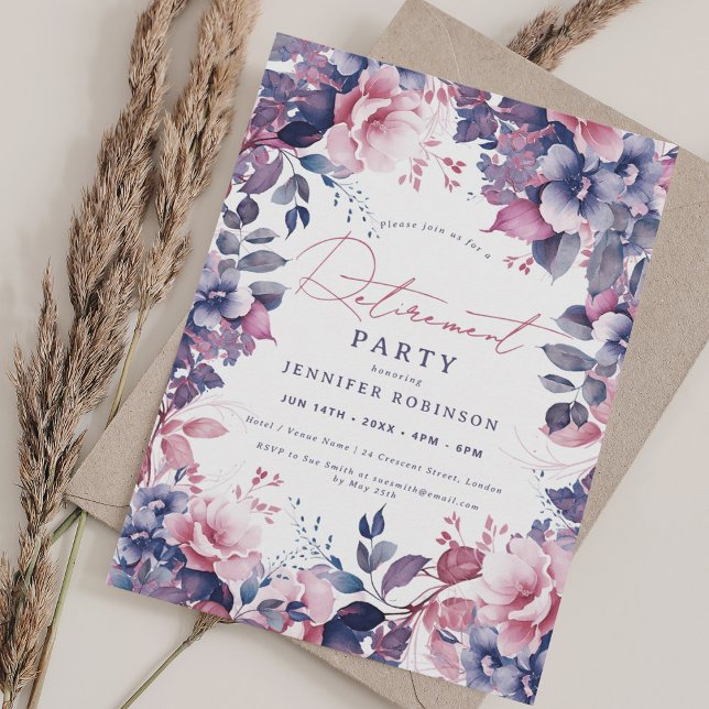 Convites Boho Purple Garden - Festa de Reforma Floral (Boho Purple Garden Floral Retirement Party Invitation)