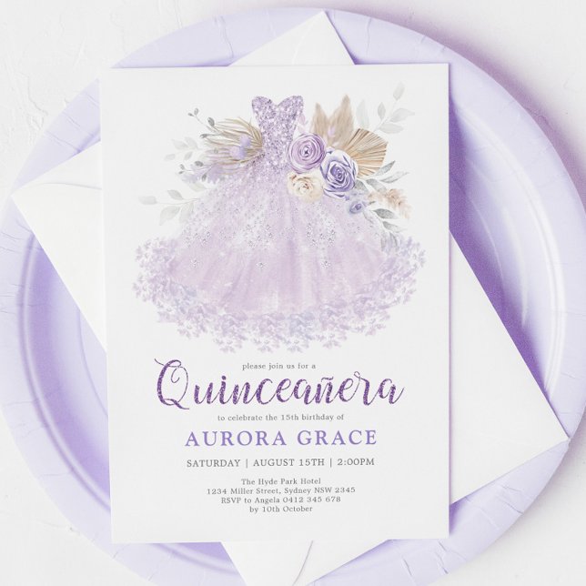 Convites Boho Purple Lilac Quinceañera Princesa Vestida (Criador carregado)