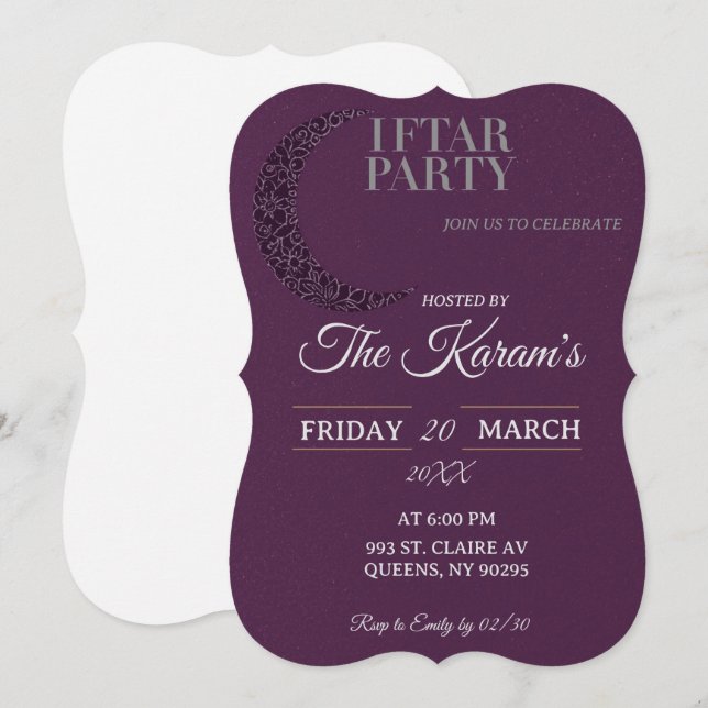 Convites Boho Purple Minimalist Mosque Ramadan Iftar Party  (Frente/Verso)