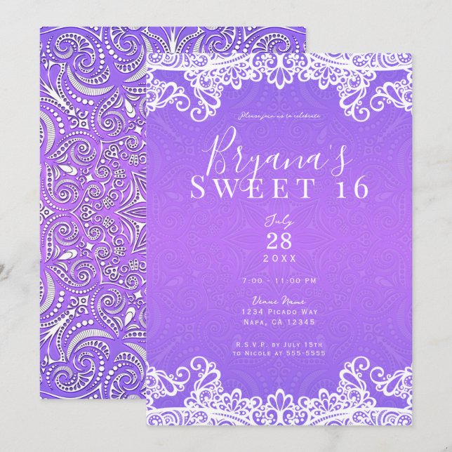 Convites Boho Purple Pink & White Lace Bold Sweet 16 Party (Frente/Verso)