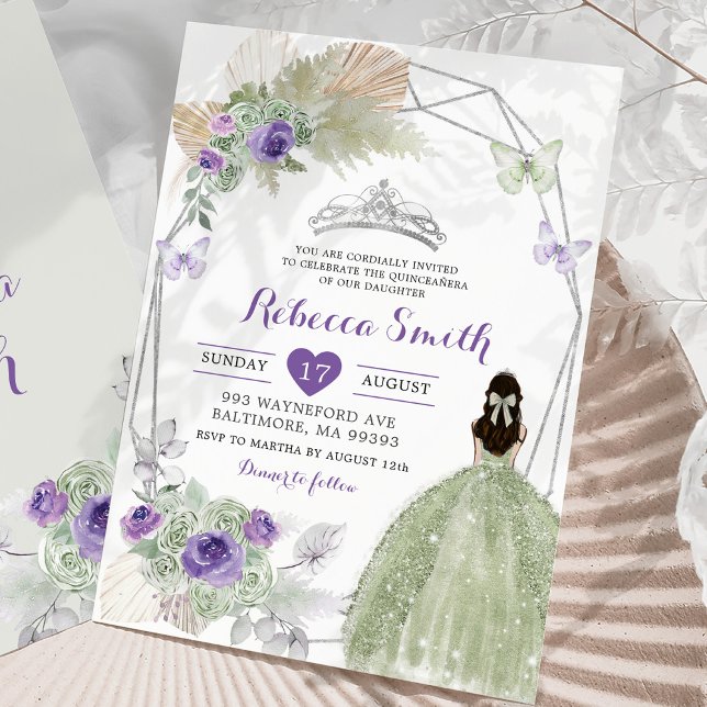 Convites Boho Purple Sage Green Quinceañera (Criador carregado)