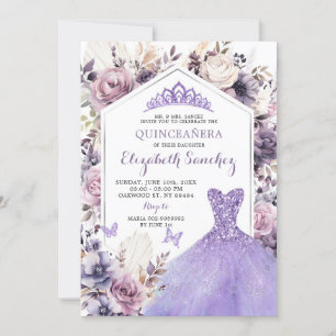 Convites Boho Purple Silver Floral Princess Quinceañera