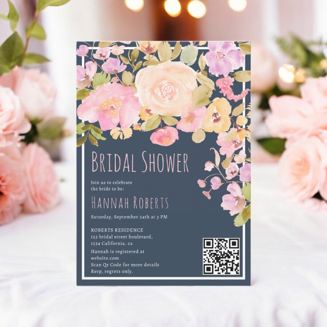 Convites Boho QR Pastel Pink Chá de panela Floral (Boho QR Pastel Pink peach Floral Bridal Shower Invitation on midnight blue)