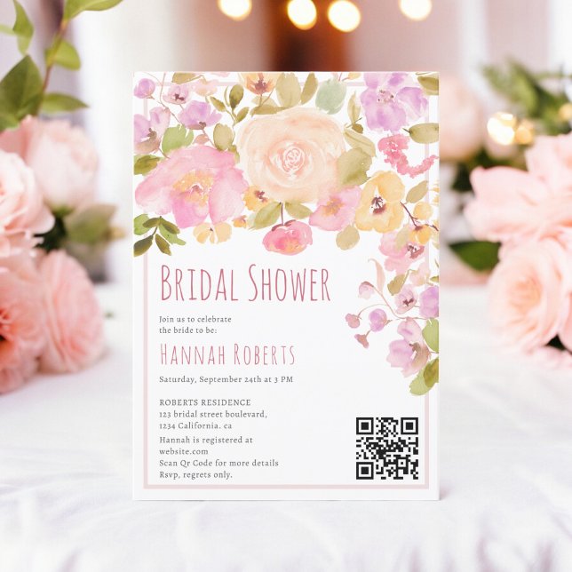 Convites Boho QR Pastel Pink Chá de panela Floral (Boho QR Pastel Pink peach Floral Bridal Shower Invitation on white)