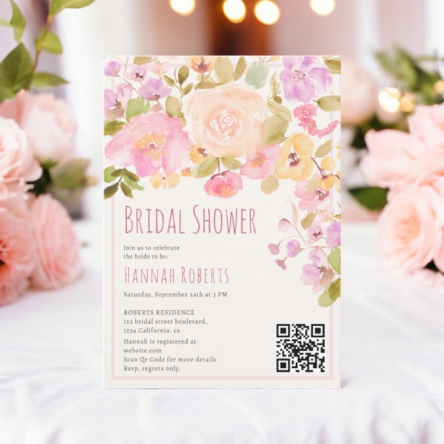 Convites Boho QR Pastel Pink Chá de panela Floral (Boho QR Pastel Pink peach Floral Bridal Shower Invitation on ivory)