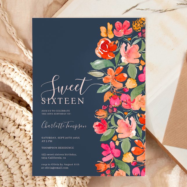 Convites Boho queimado orange ternura floral doce 16 (Boho burnt orange earth tone floral chic sweet 16 invitation on dark blue)