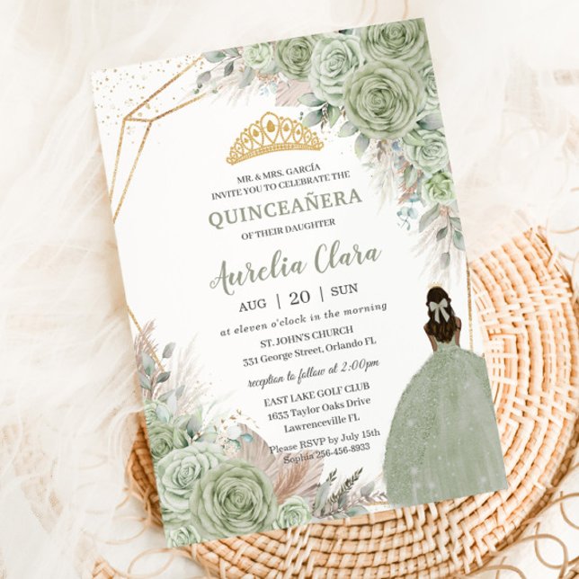 Convites Boho Quinceanera Sage Green Floral Pampas Grass (Criador carregado)