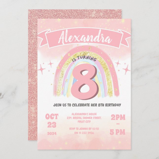 Convites Boho Rainbow 8th, qualquer garota de aniversário (Frente/Verso)