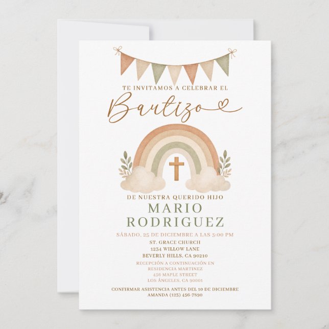 Convites Boho Rainbow Bautizo Invitation Spanish (Frente)