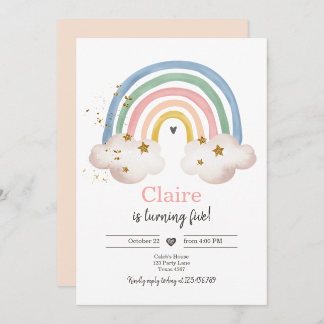 Convites Boho Rainbow Birthday Invent Girl Rustic (Frente/Verso)