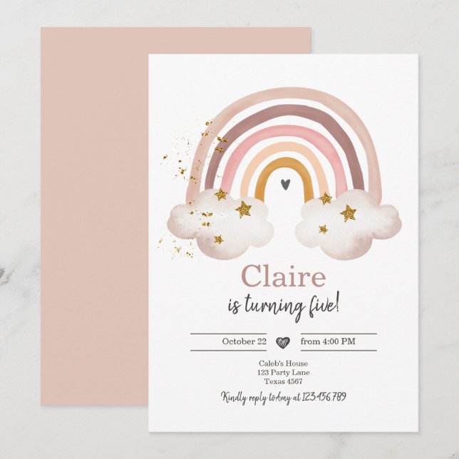 Convites Boho Rainbow Birthday Invent Girl Rustic (Frente/Verso)