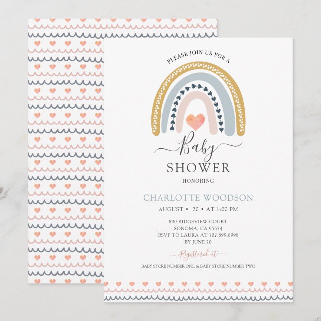Convites Boho Rainbow E Hearts Chá de fraldas Invitation (Frente/Verso)
