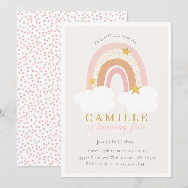 Convites Boho Rainbow First Birthday Invitation Girl, Mudad (Frente/Verso)