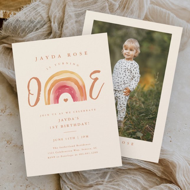 Convites Boho Rainbow One First Birday (Boho rainbow one 1st first photo birthday party invitation.)