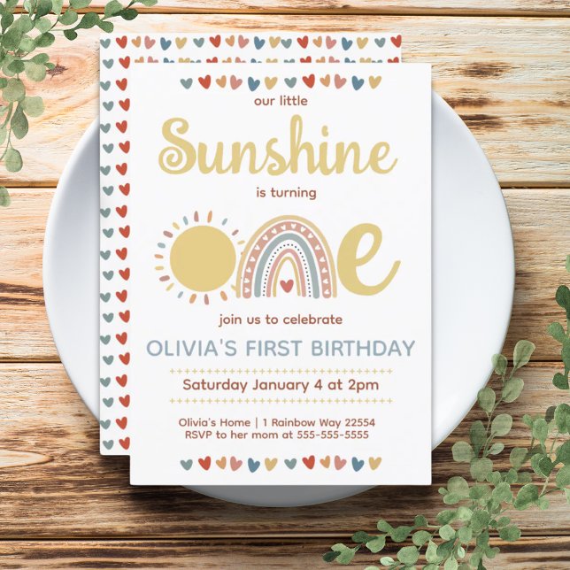 Convites Boho Rainbow | Pequeno Sol Primeiro Aniversário (Boho Rainbow | Little Sunshine First Birthday Invitation)
