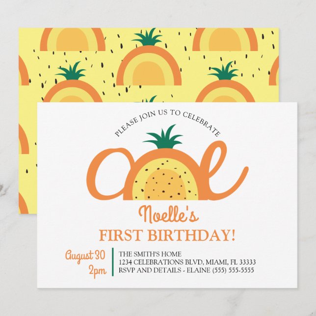 Convites Boho Rainbow Primeiro Aniversário, Abacaxi (Frente/Verso)