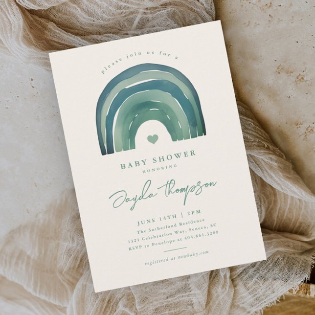 Convites Boho Rainbow Sage Chá de fraldas Verde (Boho rainbow sage green neutral baby shower invitation.)