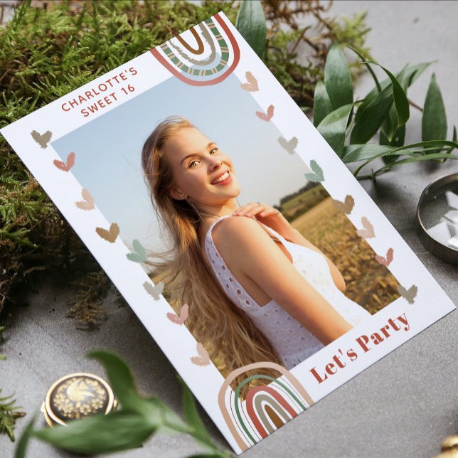 Convites Boho Rainbow Sweet 16 Festa de aniversário moderna (Criador carregado)
