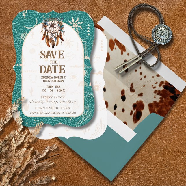 Convites Boho Ranch Wedding Turquoise Leather Salvar Data (Boho Ranch Wedding Turquoise Leather Save the Date Card)