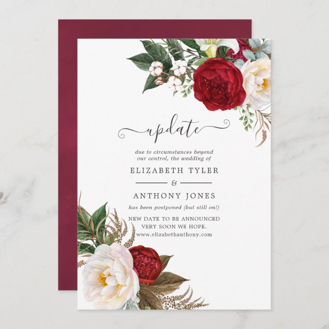 Convites Boho Red and White Floral Wedation Update (Frente/Verso)