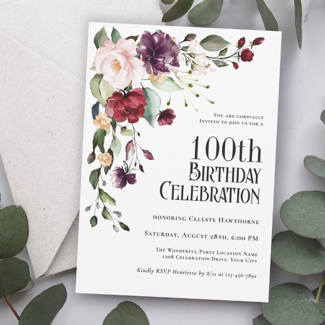 Convites Boho Red, Blush e Purple 100th Festa de aniversári (An elegant choice in invitations for celebrating a 100th Birthday in style!)