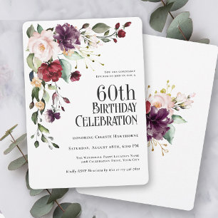 Convites Boho Red Blush e Purple Floral 60º Aniversário